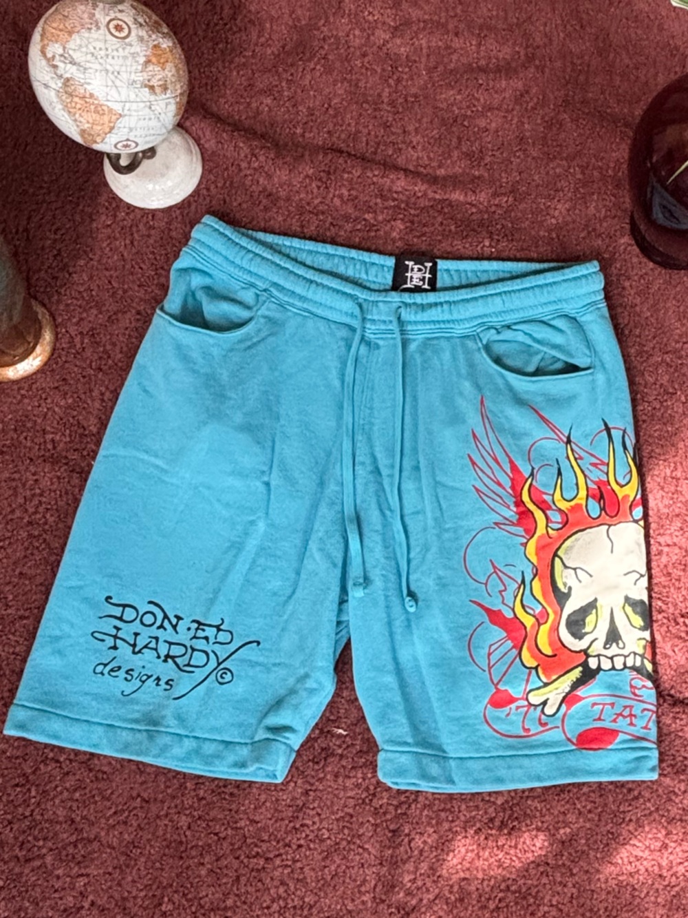 Ed Hardy Turquoise Drawstring Shorts with Flaming Skull Print